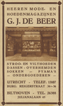 717289 Advertentie van G.J. de Beer, Heerenmode- en Hoedenmagazijnen, Burgemeester Reigerstraat 34-36 te Utrecht en ...